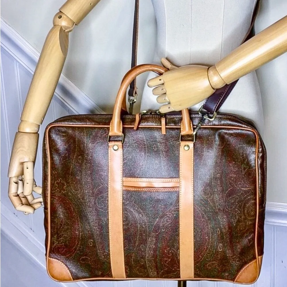 ETRO MILANO Red Paisley Coated Canvas Vachetta Top Handle Briefcase Laptop Bag